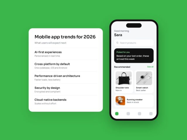 mobile-app-trends-2026-cover Mobile app trends for 2026 next to a shopping app screen