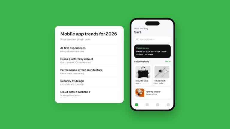 Mobile app trends for 2026 next to a shopping app screen